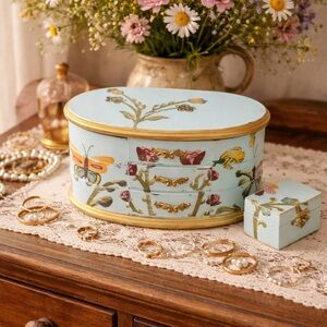 Cottagecore Blue Folk Art Jewelry Box with Bonus Trinket Box